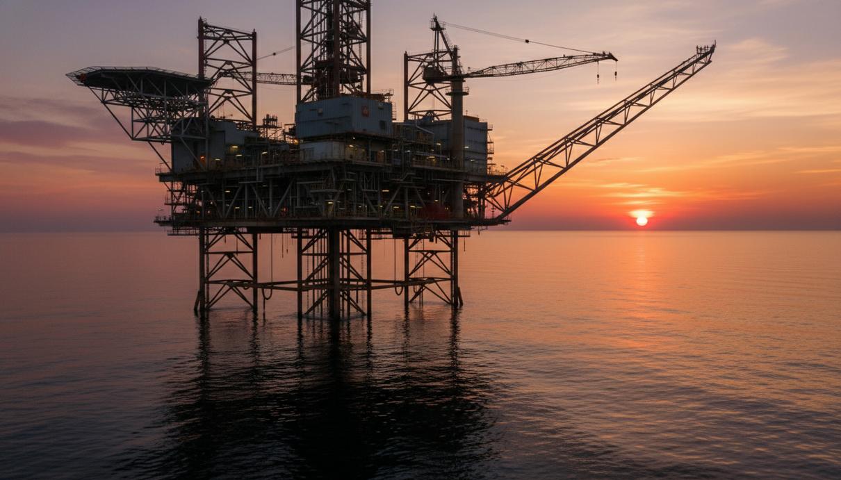 Промышленная морская буровая платформа в открытом море на фоне закатного неба