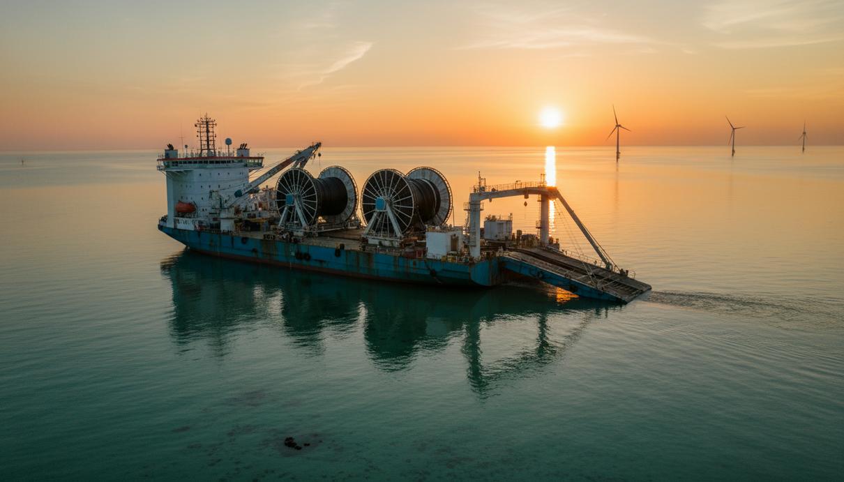 Кабелеукладочная баржа с тремя крупными катушками на палубе в мелководной зоне Северного моря