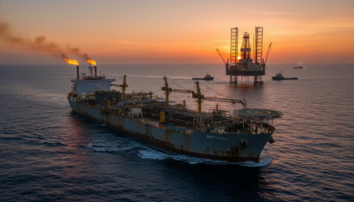 Промышленное судно FPSO и самоподъемная буровая установка на морском шельфе в лучах заката