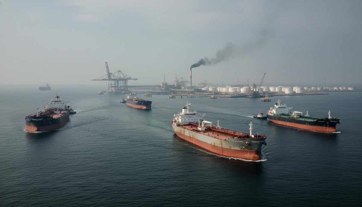 Нефтяные танкеры в море рядом с промышленным терминалом на фоне туманного неба