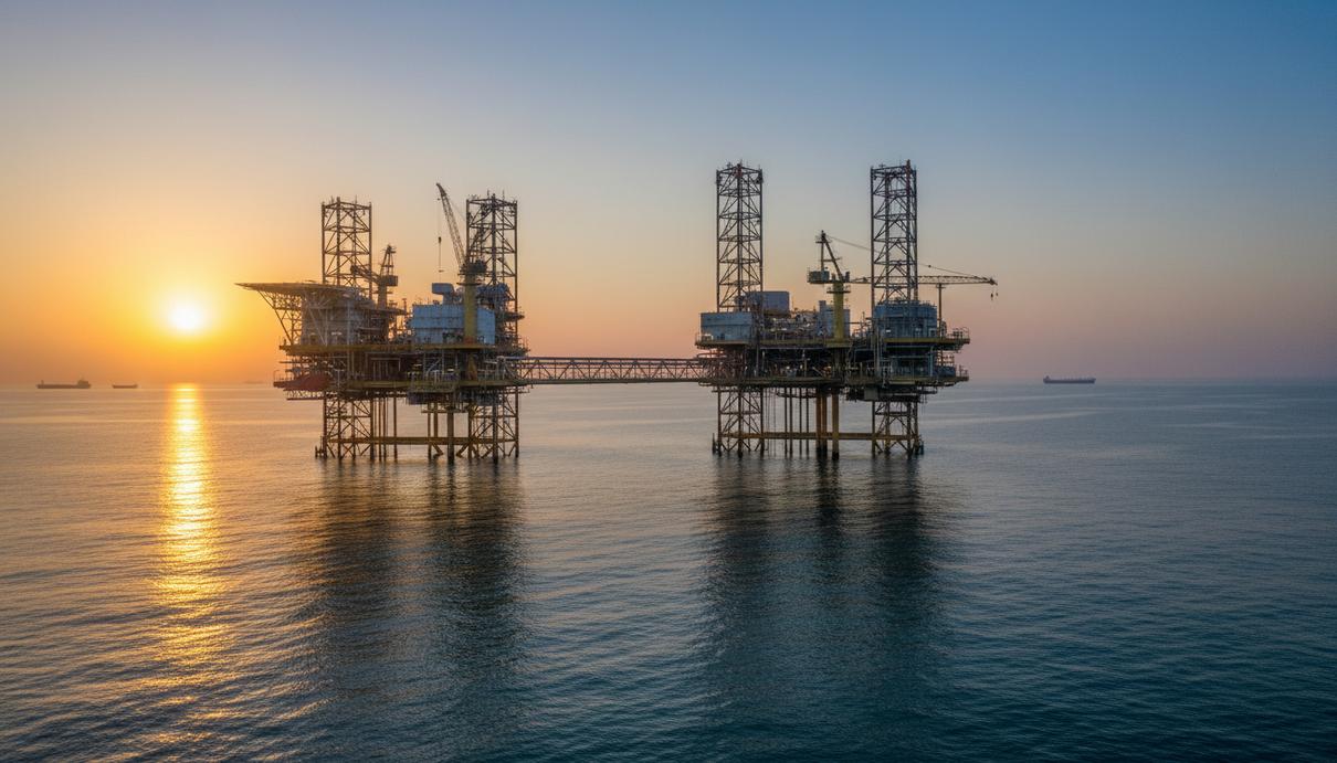 Морская нефтяная платформа в Персидском заливе на рассвете на фоне спокойной воды и оранжевого неба