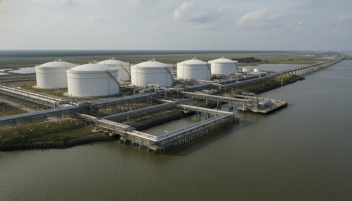 Промышленный терминал для экспорта сжиженного газа с резервуарами и сетью труб у воды