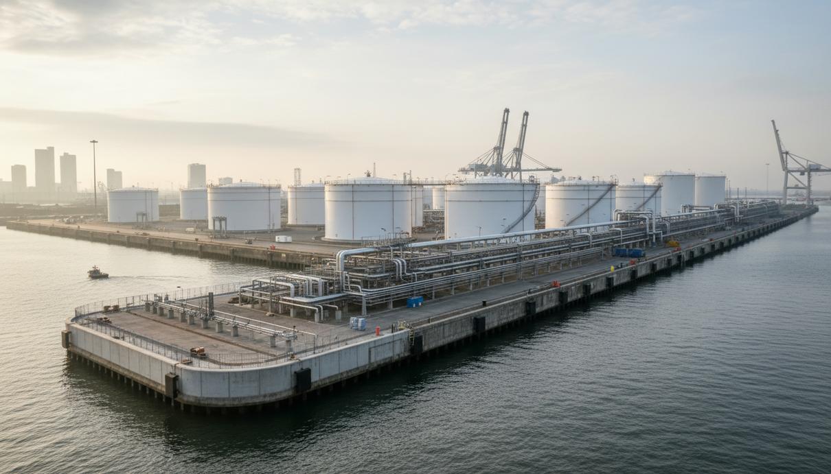 Белые топливные резервуары и новый бетонный причал на территории морского порта