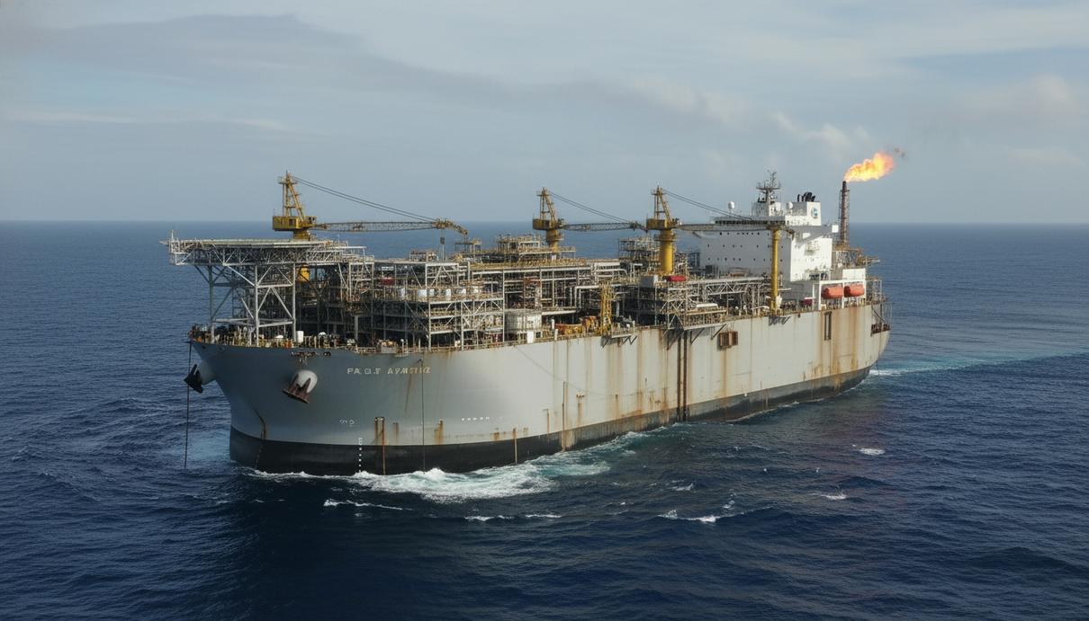 Плавучая установка для добычи и хранения нефти в открытом море на фоне горизонта под облачным небом