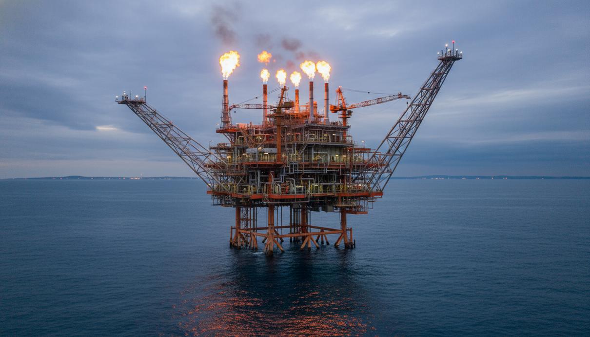 Морская платформа для добычи природного газа в открытом море на закате
