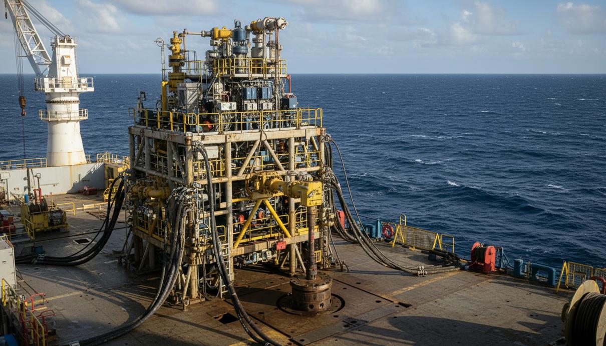 Подводная фонтанная арматура для морской нефтедобычи на фоне открытого моря