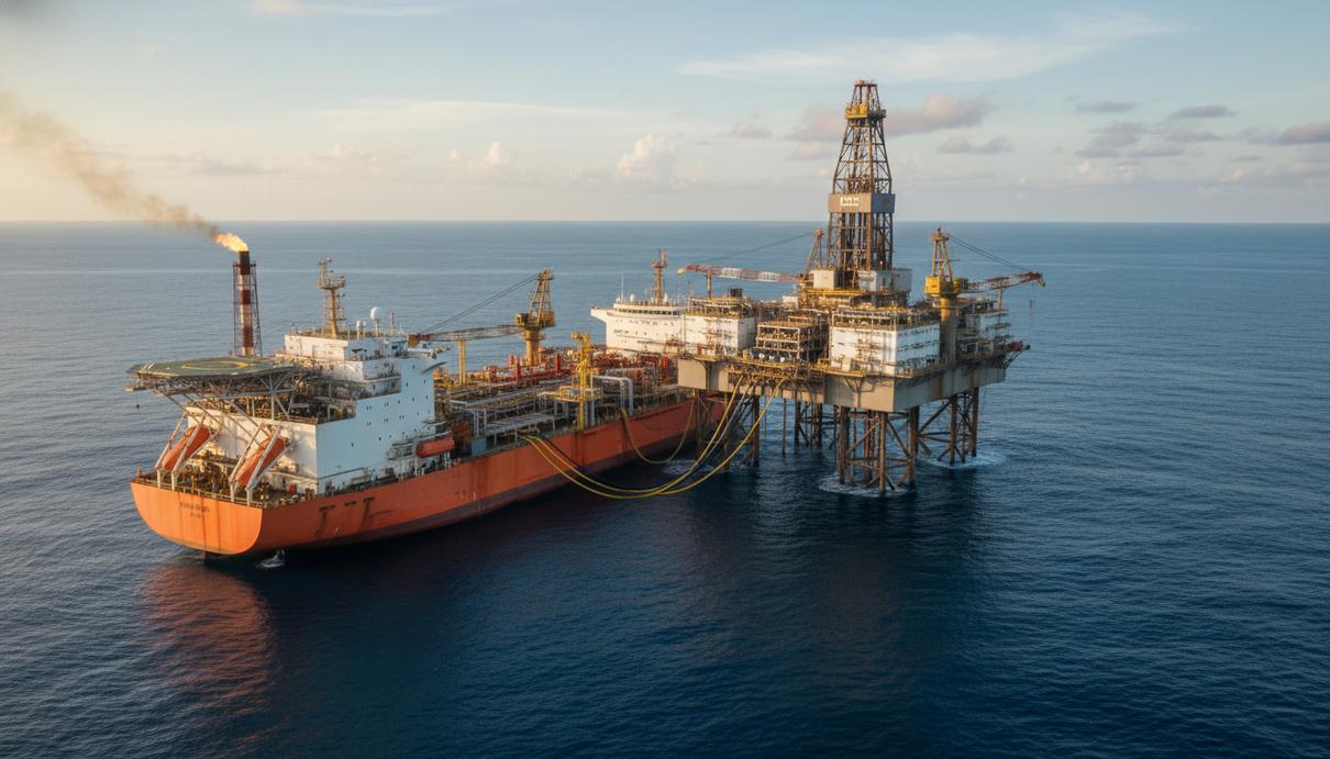 Плавучая нефтедобывающая установка и буровая платформа в открытом море у побережья Бразилии.