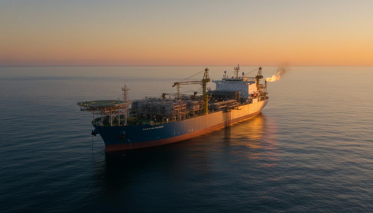 Нефтедобывающее судно FPSO на плаву в открытом океане на закате