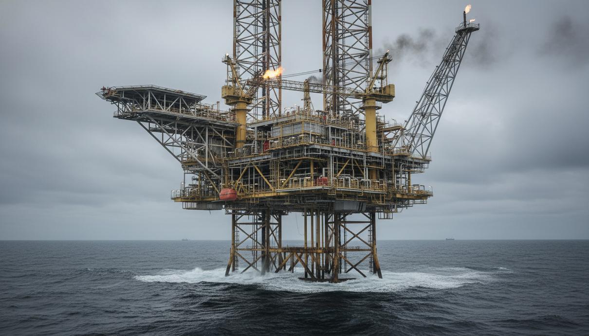 Морская стальная платформа для добычи энергоресурсов в открытом Северном море на фоне серого неба