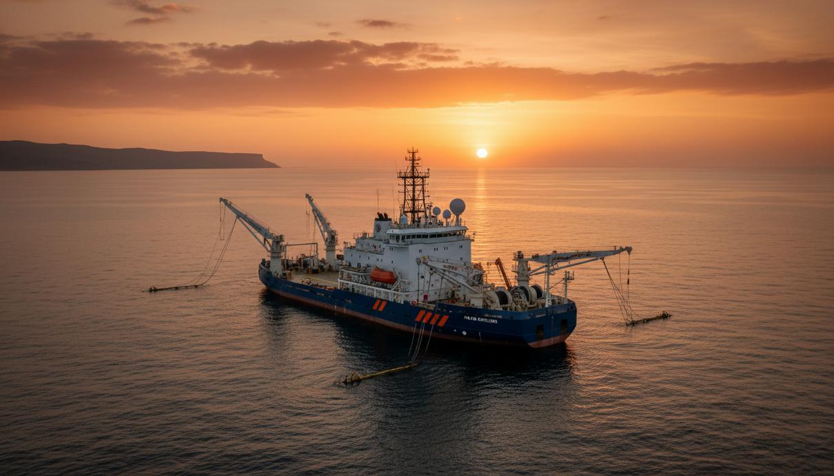 Судно для сейсмической разведки в открытом океане у берегов Намибии в лучах заката