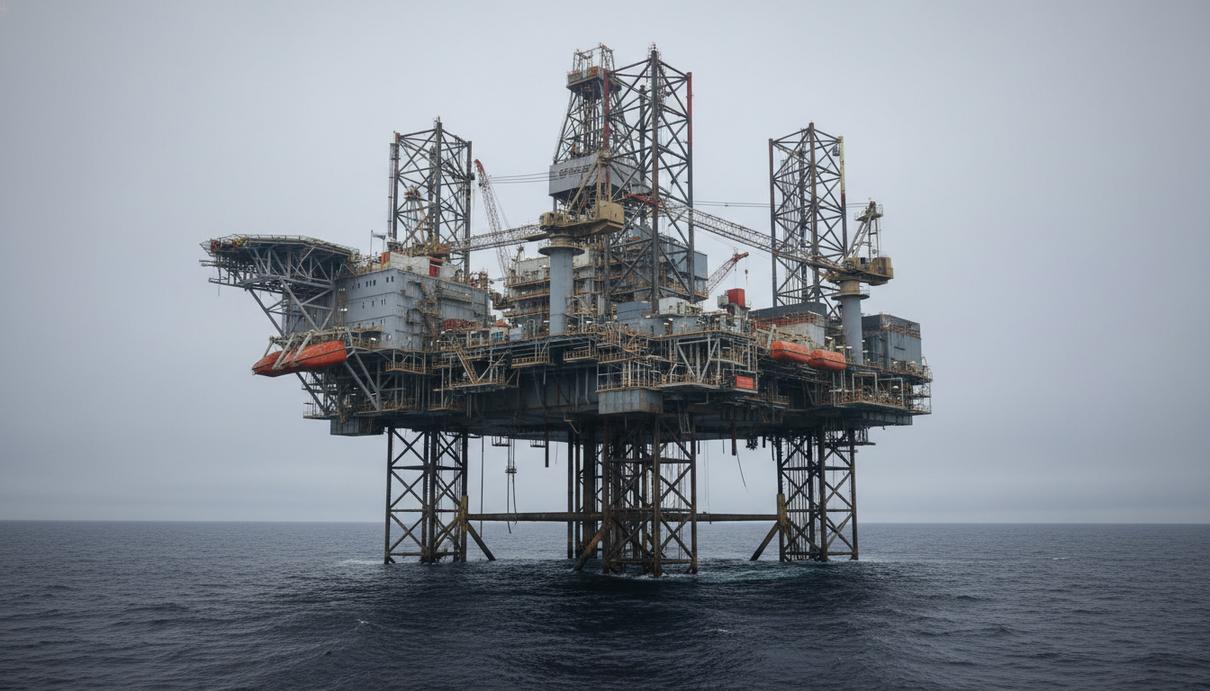 Полупогружная плавучая буровая установка в северных водах Баренцева моря под серым небом