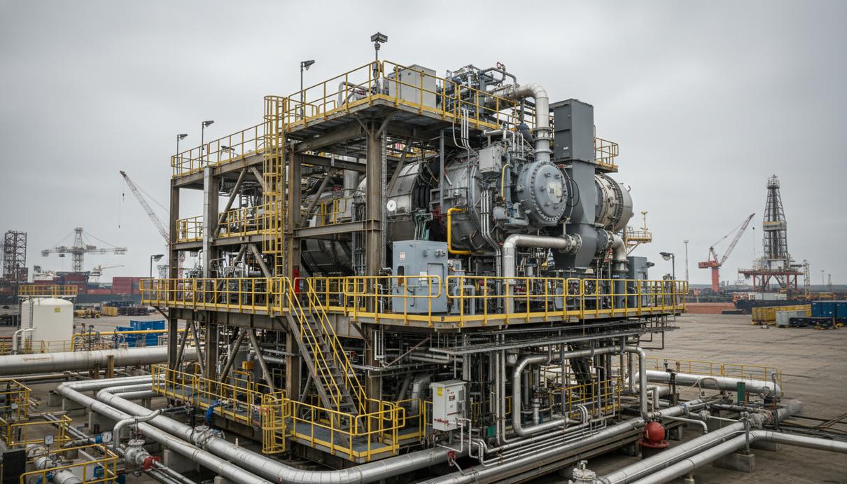 Газотурбинная установка и промышленное оборудование на палубе плавучей добычной платформы.