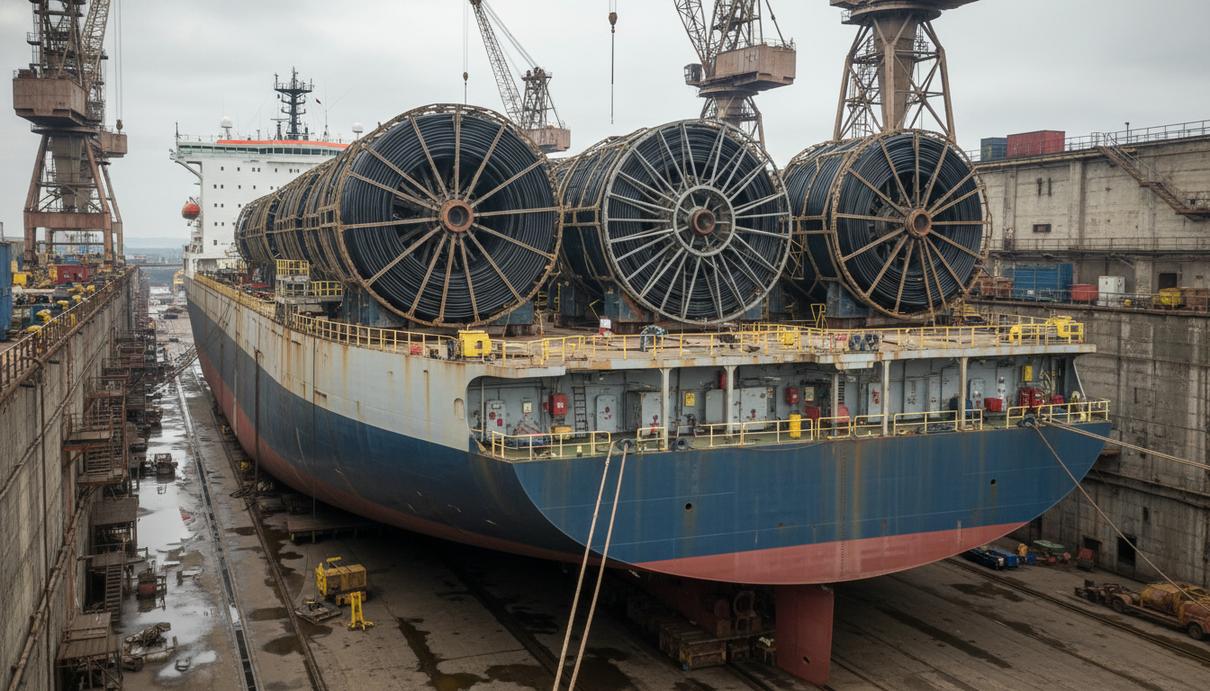 Судно-кабелеукладчик с тремя кабельными каруселями в сухом доке на судостроительной верфи
