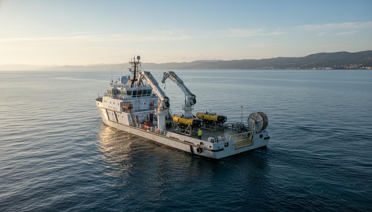 Специализированное морское судно с глубоководным оборудованием и кранами на палубе в открытом море