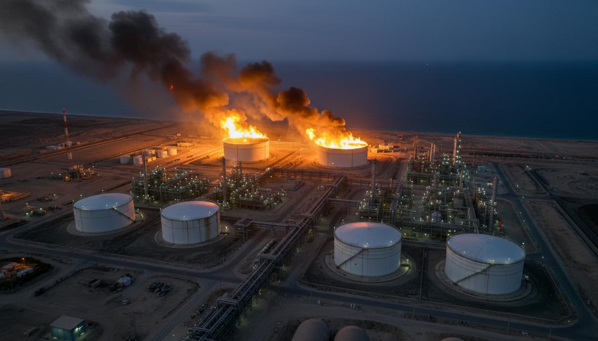 Ночной вид на горящие резервуары и трубопроводы промышленного газового терминала на берегу моря