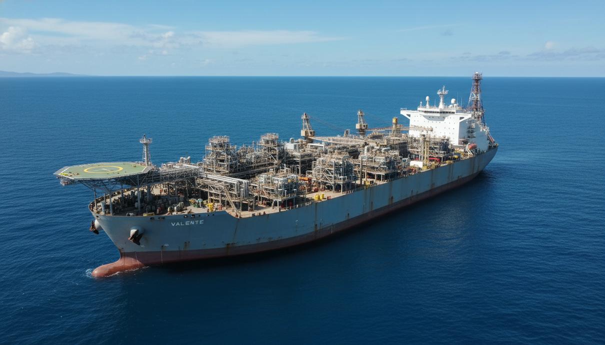 Плавучая нефтедобывающая установка в открытом море у побережья Бразилии.