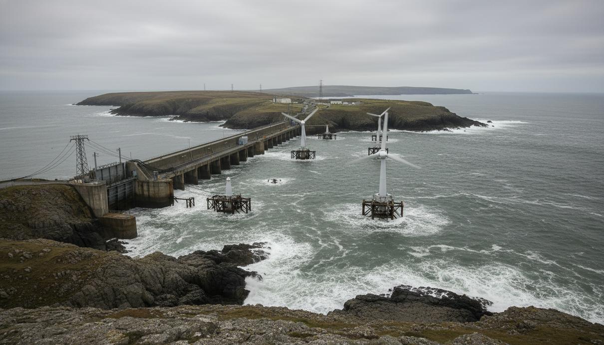 Промышленная площадка приливной электростанции у скалистого побережья острова Англси в Уэльсе