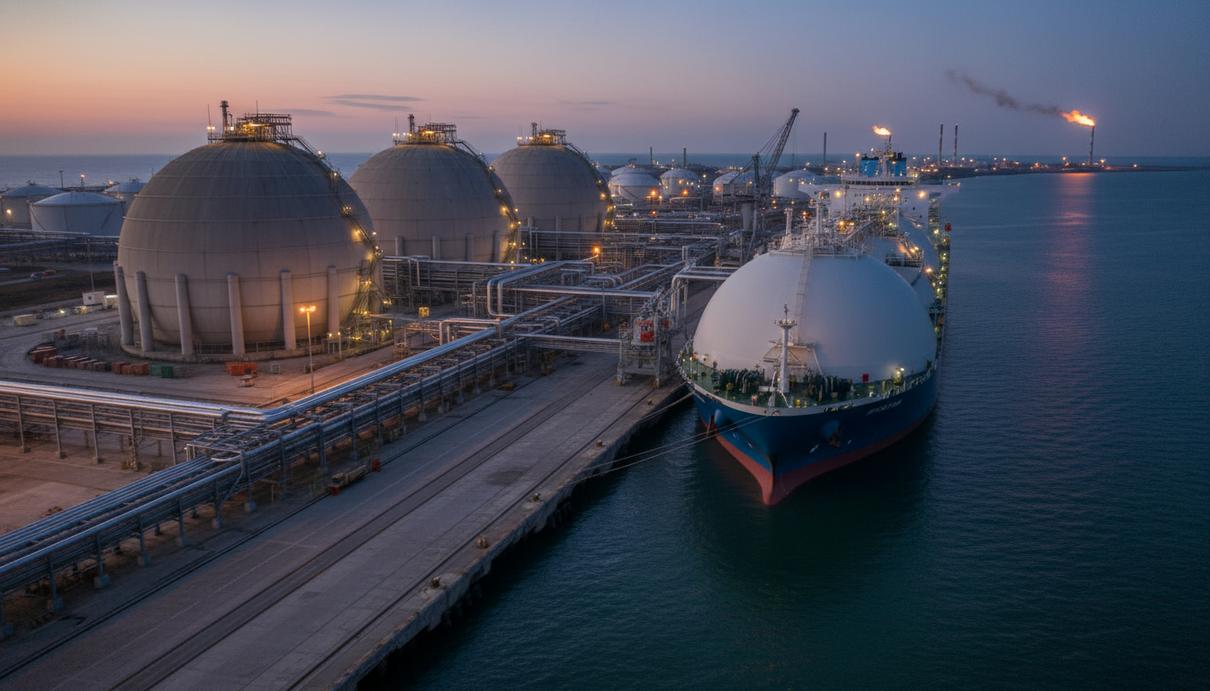 Промышленный терминал для сжиженного природного газа с массивными резервуарами и причалом для танкера