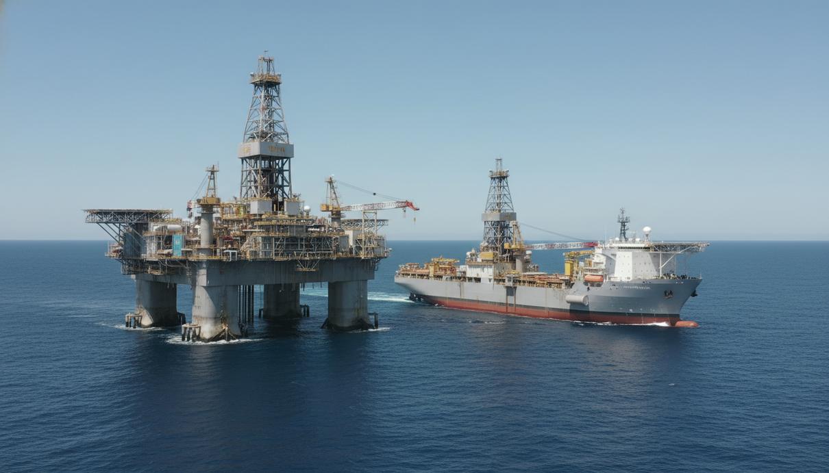 Современная плавучая буровая платформа и буровое судно в открытом океане