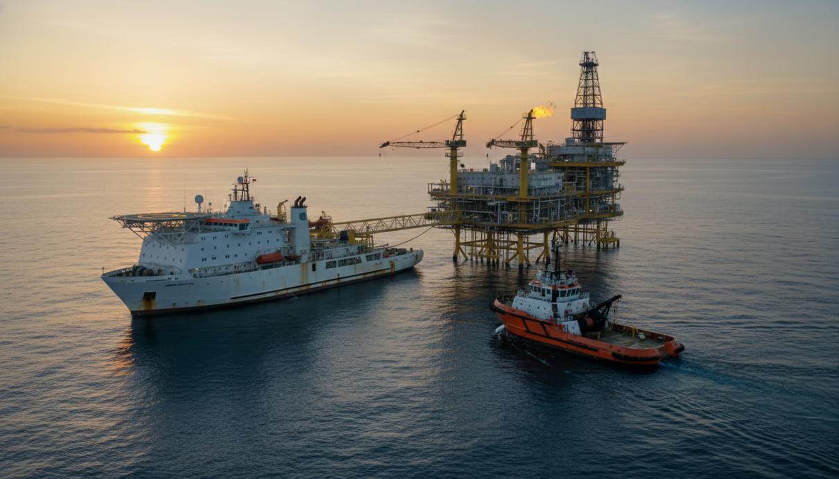 Судно для размещения персонала и морской буксир-снабженец на фоне нефтяной платформы в море