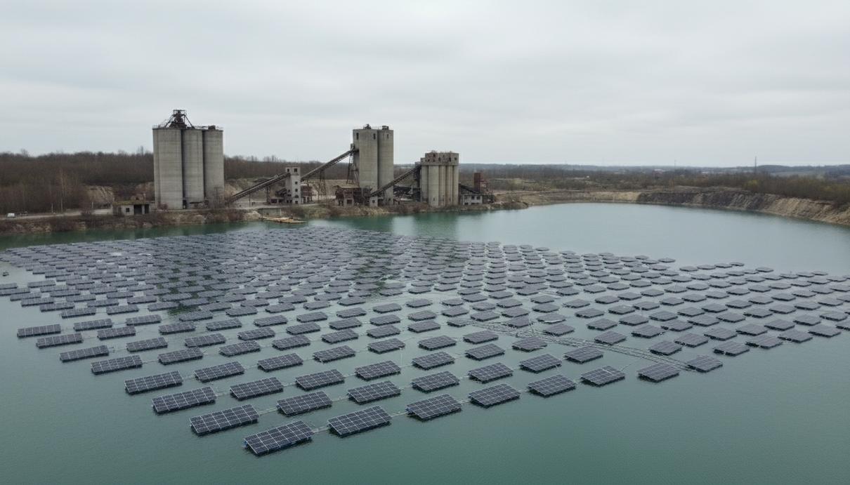 Массив плавучих солнечных панелей на поверхности озера в бывшем карьере на фоне промышленного предприятия.