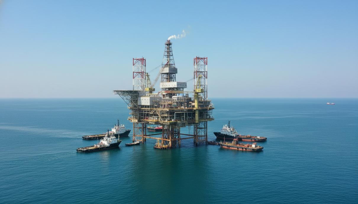 Морская нефтедобывающая платформа и вспомогательные суда в Бохайском заливе в светлое время суток