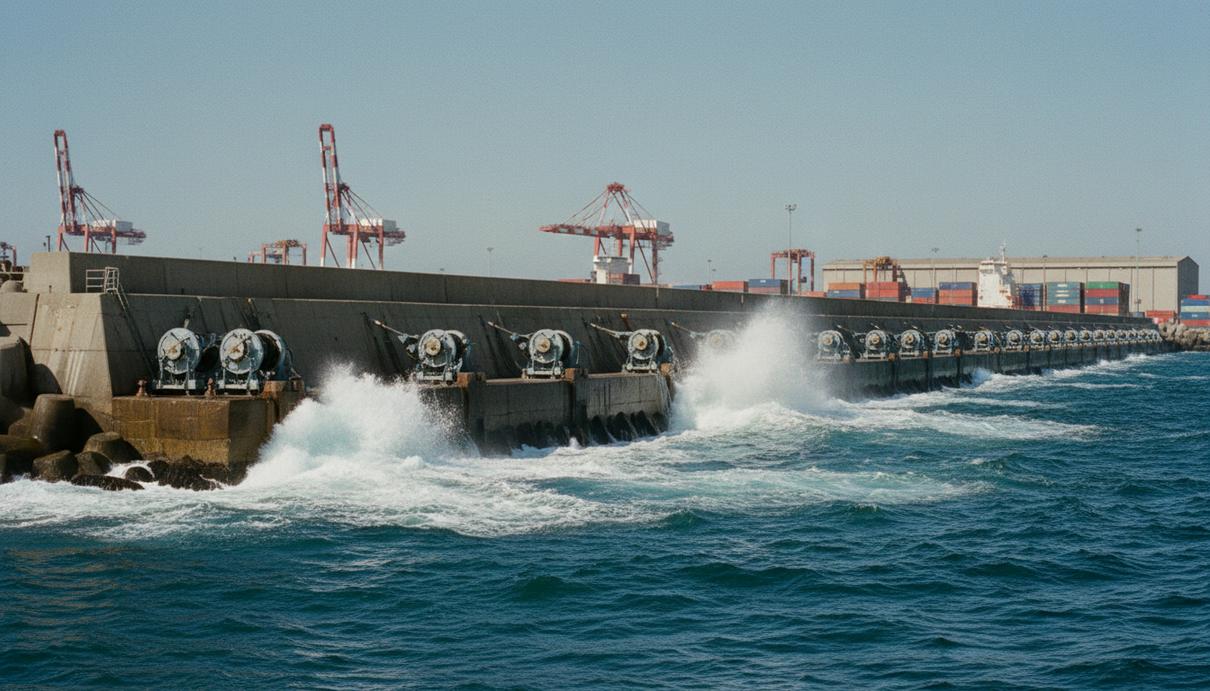 Бетонный волнорез в морском порту с установленными на нем установками для генерации волновой энергии.