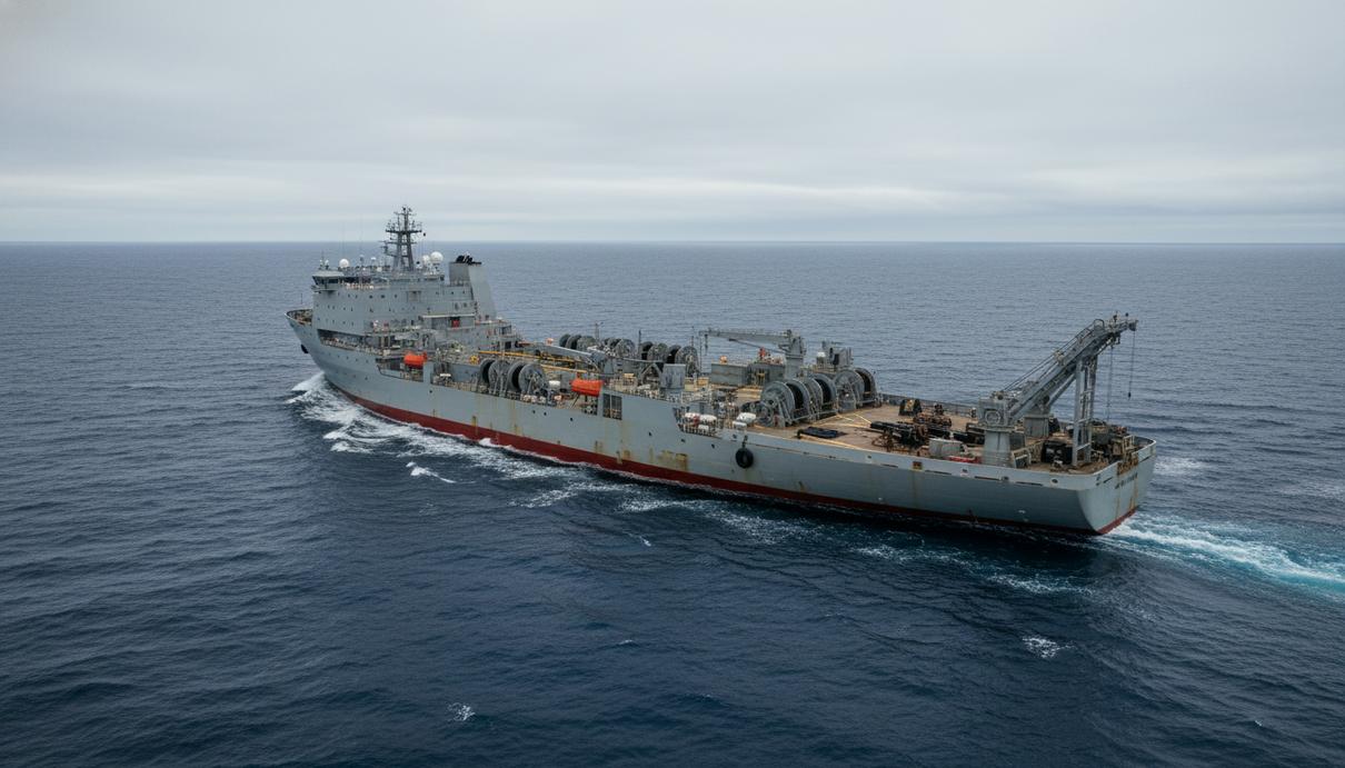 Исследовательское судно треугольной формы Ramform Vanguard в открытом море на фоне пасмурного неба.