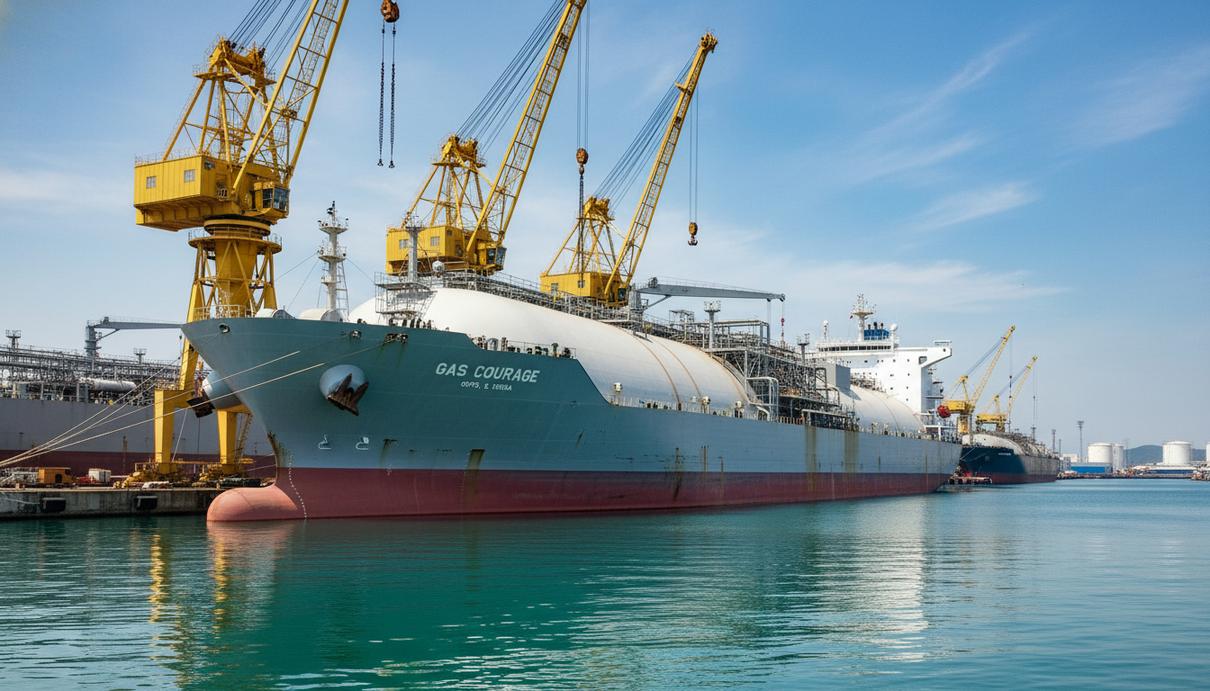 Современный крупнотоннажный газовоз у причала судостроительной верфи в Южной Корее на фоне портовых кранов