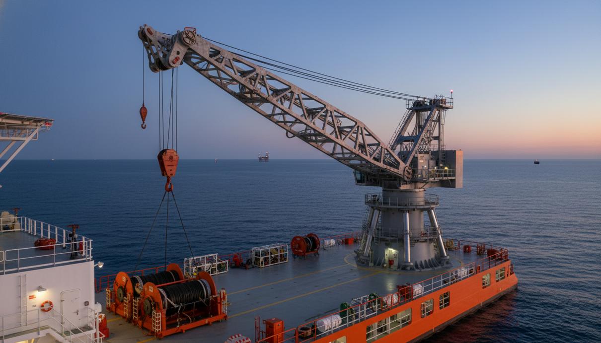 Офшорный глубоководный кран с системой компенсации качки на борту судна в открытом море