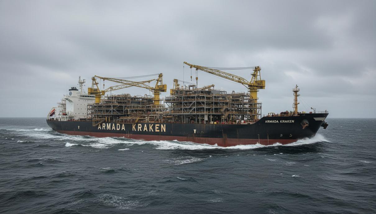 Плавучая нефтедобывающая установка с промышленными кранами на палубе в открытом море в пасмурную погоду