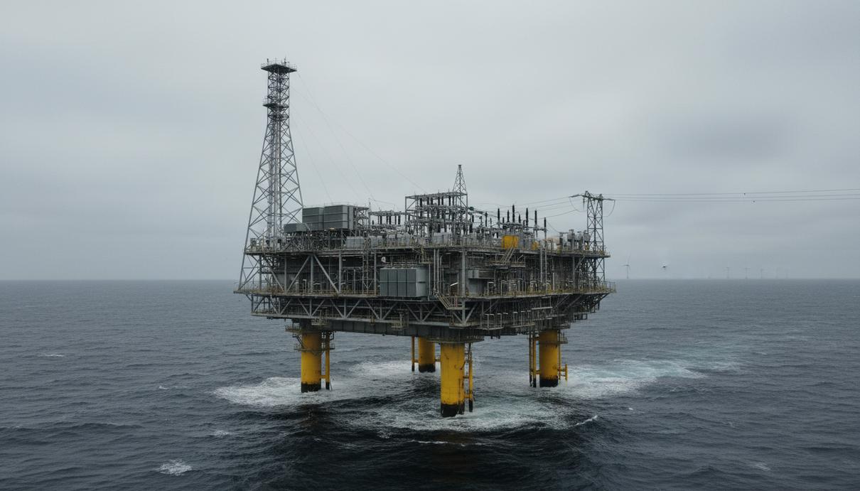 Морская электроподстанция на стальных опорах в открытом море для передачи энергии ветропарка