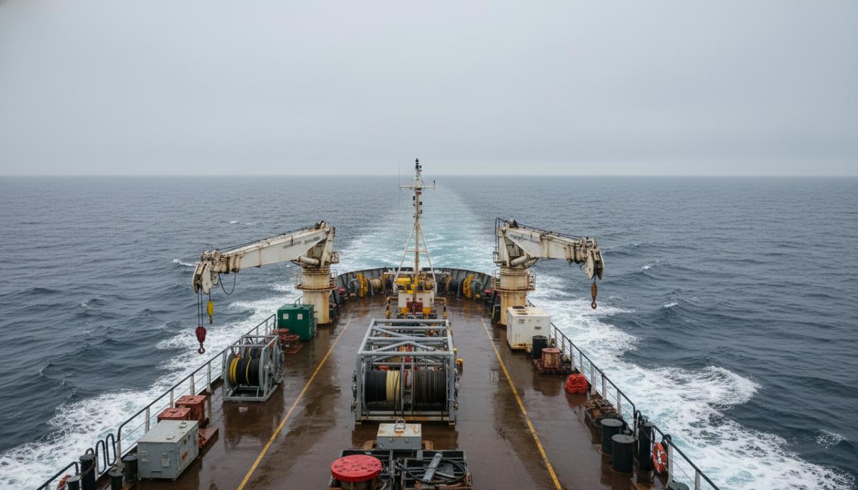 Специализированное судно для подводных исследований с крановым оборудованием в открытом море.