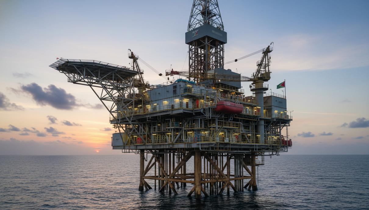 Современная морская буровая платформа и промышленное оборудование на палубе в открытом океане.