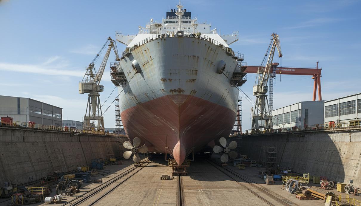 Крупный танкер для сжиженного природного газа в сухом доке современной судоверфи
