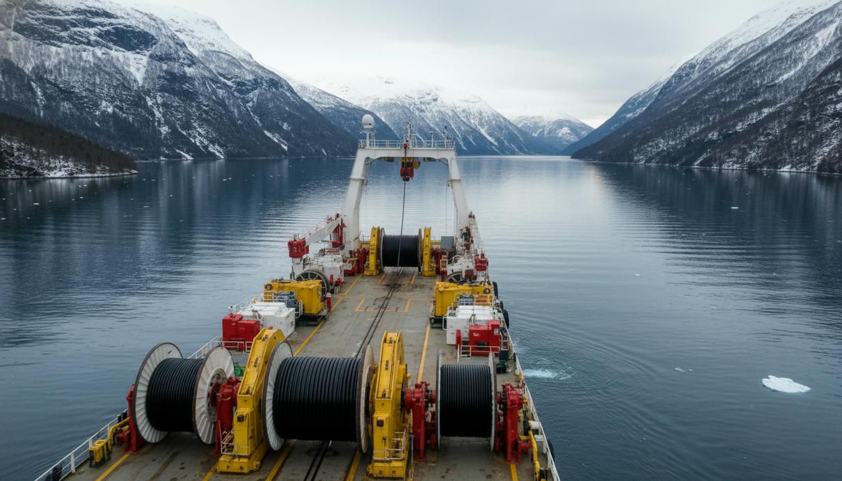 Специализированное судно для укладки кабеля в норвежском фьорде на фоне заснеженных гор