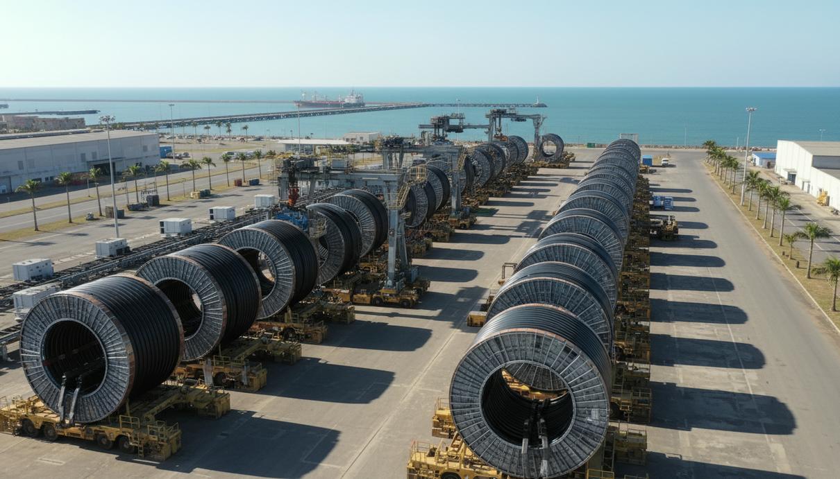 Промышленные площади завода по производству гибких морских труб в порту Асу с крупными катушками готовой продукции