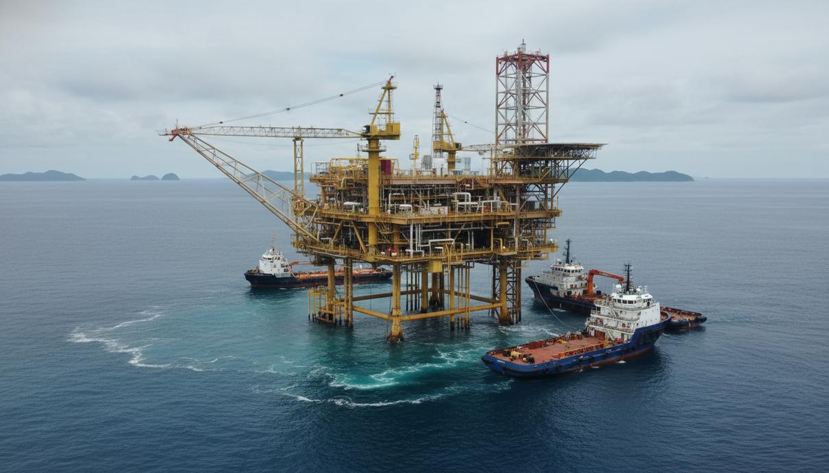 Морская буровая платформа и вспомогательное судно в океане на фоне горизонта