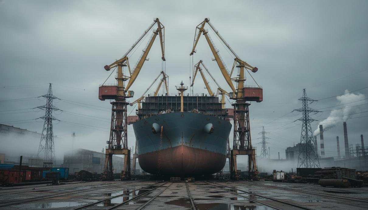 Вид на промышленную верфь со строящимся судном, портовыми кранами и объектами энергетической инфраструктуры
