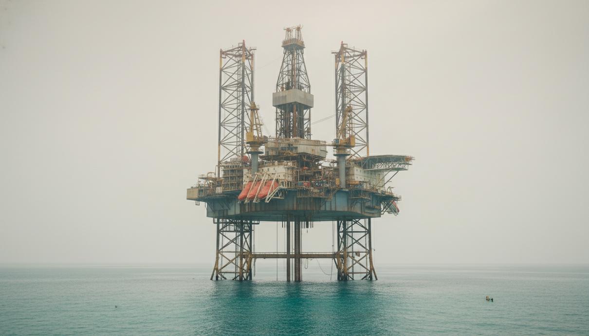 Морская буровая платформа в Персидском заливе на фоне спокойной воды и туманного неба