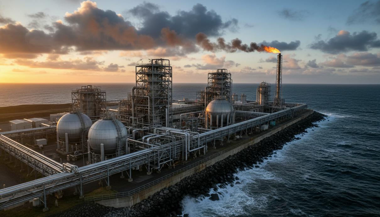 Промышленный комплекс Шетландского газового завода с трубами и резервуарами на побережье моря