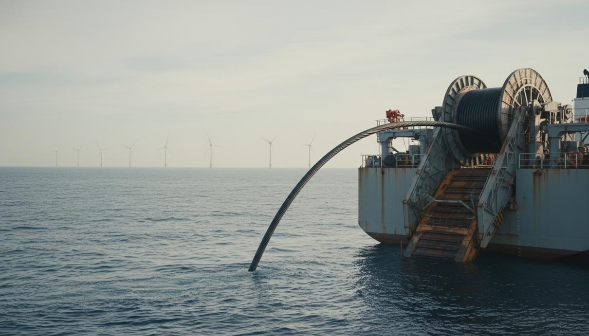 Процесс укладки массивного подводного кабеля с борта судна в открытом море на фоне ветрогенераторов.