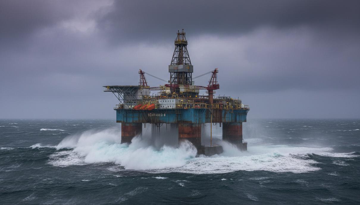 Полупогружная буровая платформа в открытом море в пасмурную погоду