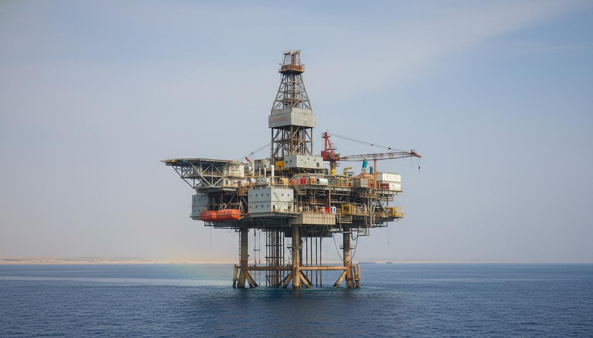 Буровая установка и вспомогательное судно на морском горизонте у берегов Ливии.