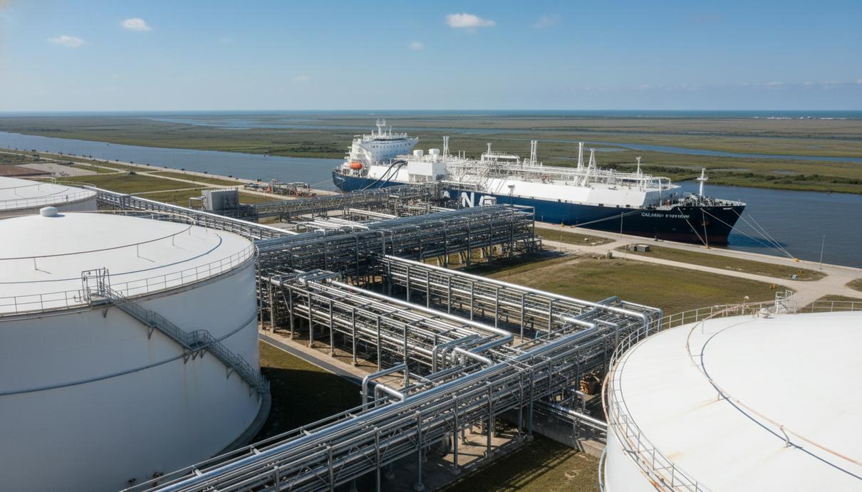 Промышленный терминал сжиженного природного газа с резервуарами и танкером у причала в Луизиане.