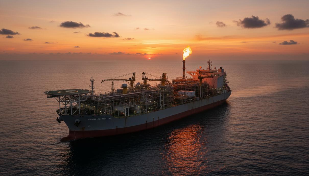 Плавучая нефтедобывающая установка в открытом океане на закате