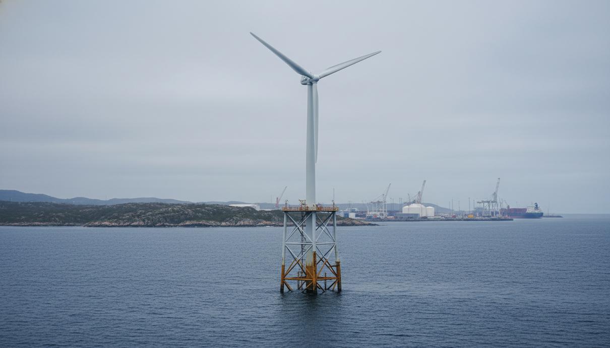 Плавучая ветряная турбина на стальном основании в открытом море у берегов Норвегии