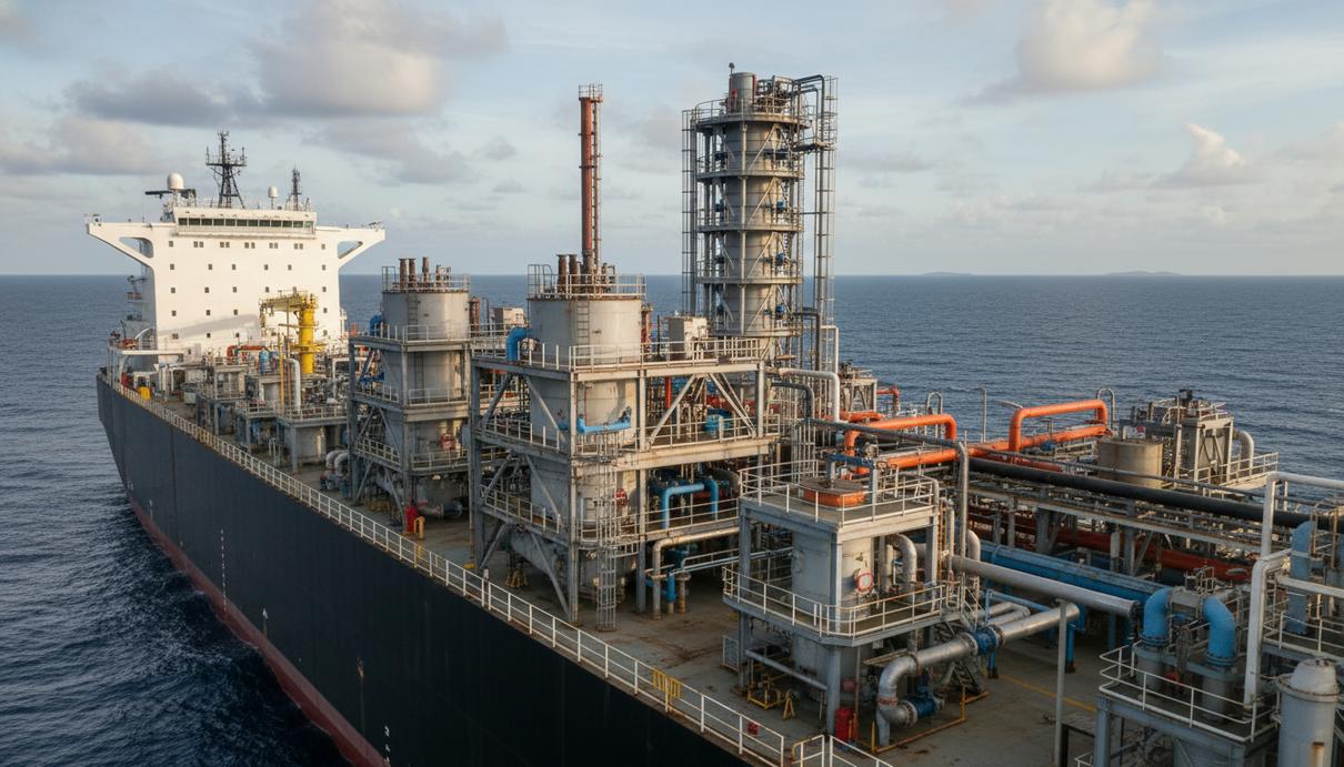 Промышленное оборудование для улавливания углекислого газа на палубе крупного морского добывающего судна