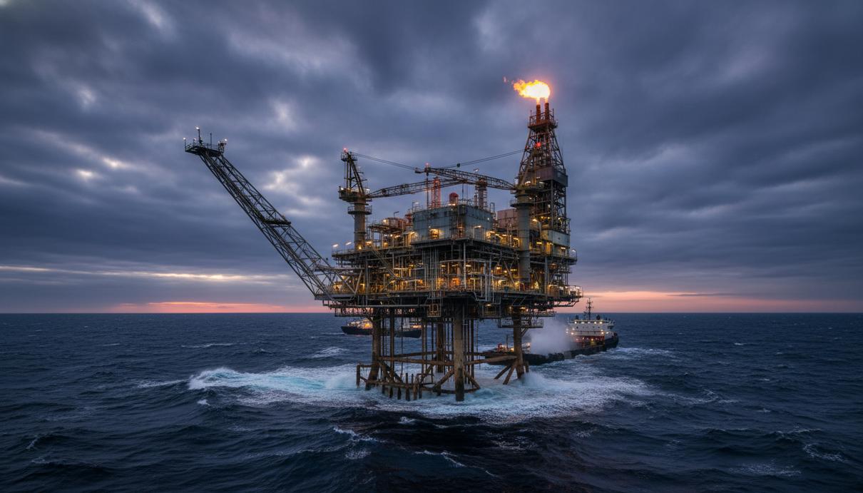 Промышленная морская платформа в Северном море на фоне вечернего неба и темной воды.