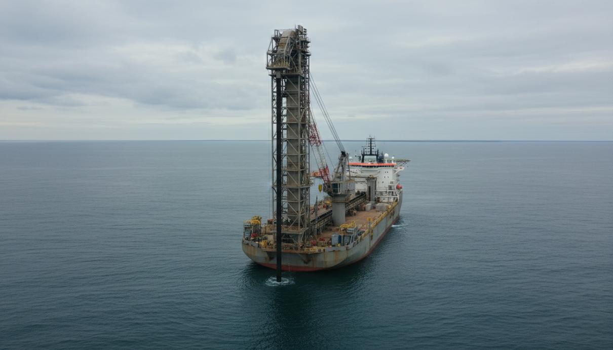 Специализированное судно Simon Stevin производит укладку защитного камня на морское дно.